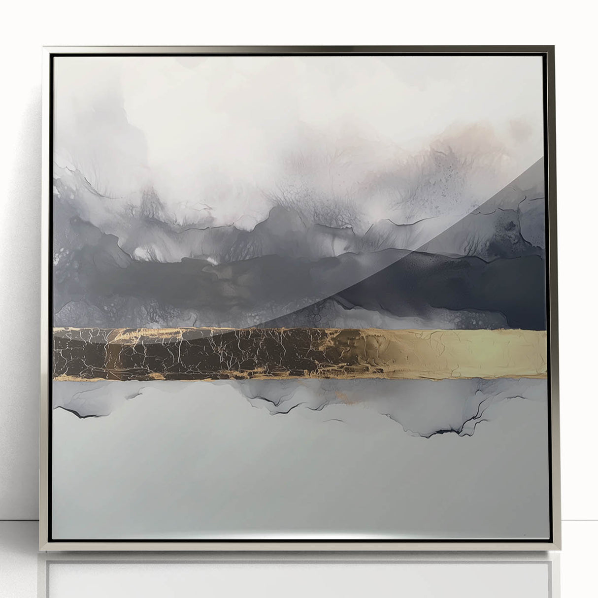Framed acrylic artwork showcasing abstract silver strokes on a minimalistic background, perfect for modern home decor or office spaces, enhancing aesthetic appeal.