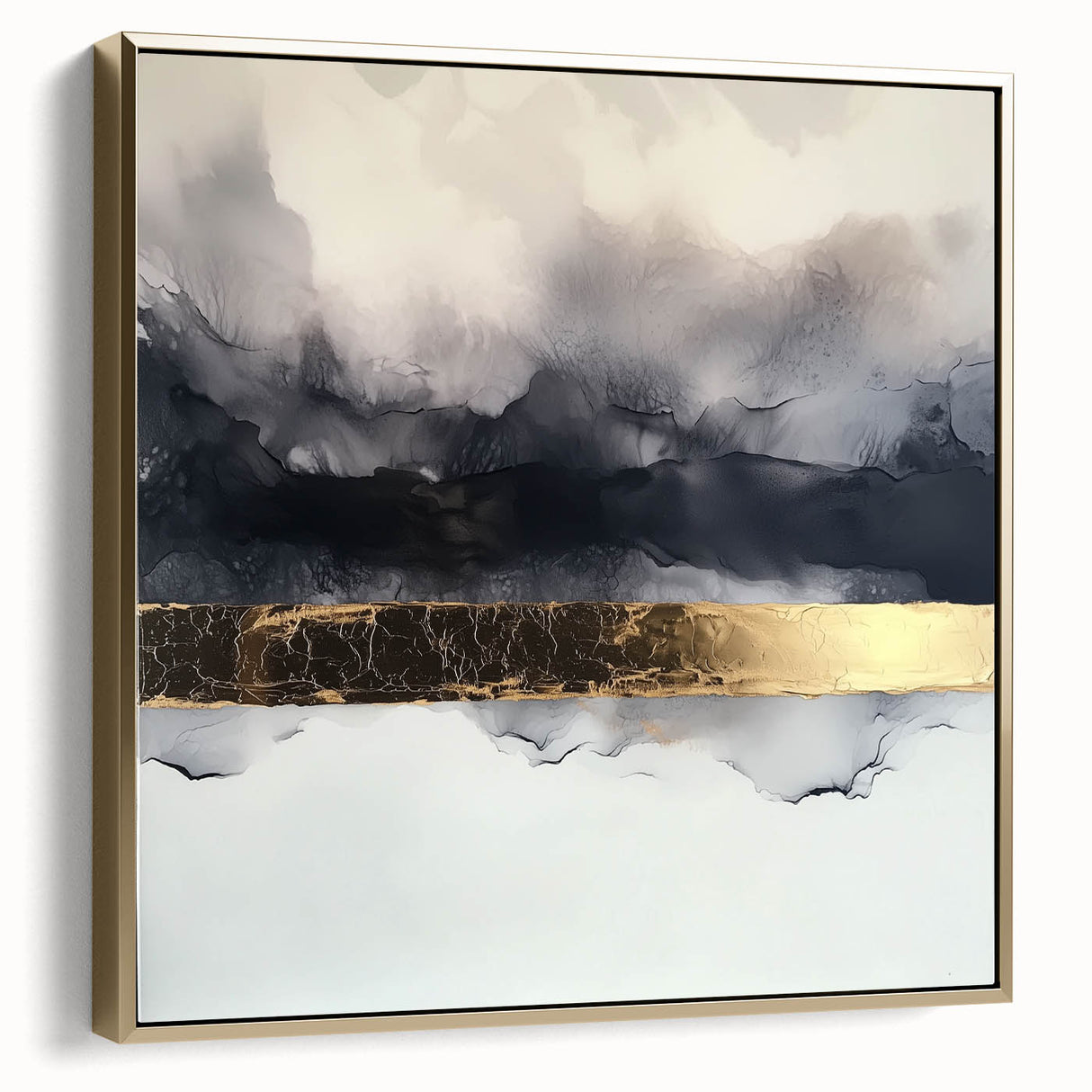 Framed canvas artwork showcasing abstract strokes in a blend of silver and gold, ideal for modern decor, enhancing any living space with elegance.
