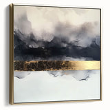 Framed canvas artwork showcasing abstract strokes in a blend of silver and gold, ideal for modern decor, enhancing any living space with elegance.