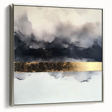 Framed canvas artwork showcasing an abstract design of silver strokes on a textured background, enhancing modern decor with its elegant side view. Perfect for contemporary interiors.