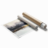 Abstract art print featuring vibrant strokes of blue, orange, and yellow, rolled and ready for framing. Perfect for modern home decor, this artwork adds a dynamic touch to any space.