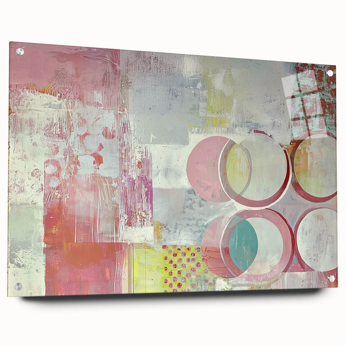 Abstract acrylic glass artwork showcasing vibrant strokes in a side view, featuring polished edges and pin mounting, ideal for modern decor and gallery display.