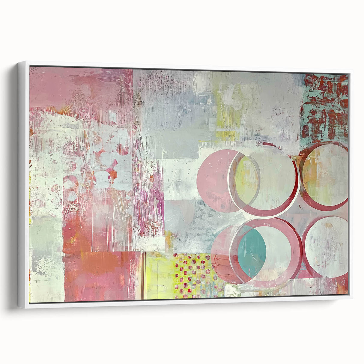 Abstract strokes canvas art in a sleek white frame, showcasing vibrant colors and dynamic patterns, ideal for modern home decor. Side view highlights the frame's clean lines and artistic flair, perfect for adding a contemporary touch to any space.