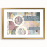 Abstract strokes frame with a gold mat, showcasing vibrant brushstrokes in hues of blue, pink, and yellow, perfect for modern home decor and art enthusiasts.