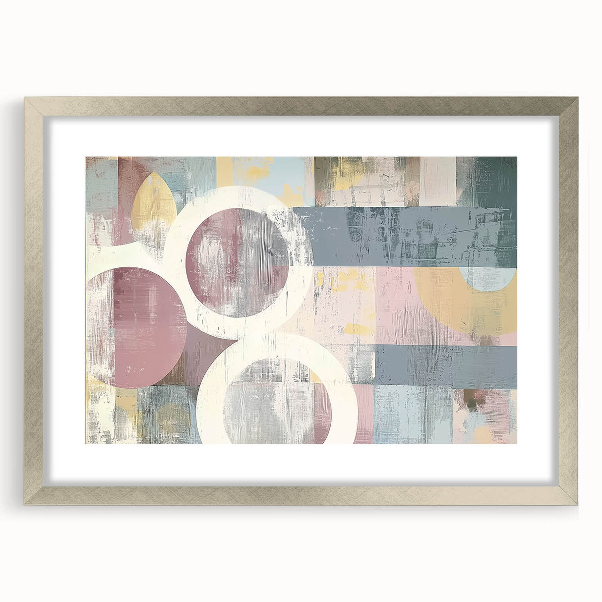 Abstract strokes frame with a silver mat, showcasing a modern artistic design. The front view highlights intricate details and textures, perfect for contemporary decor.