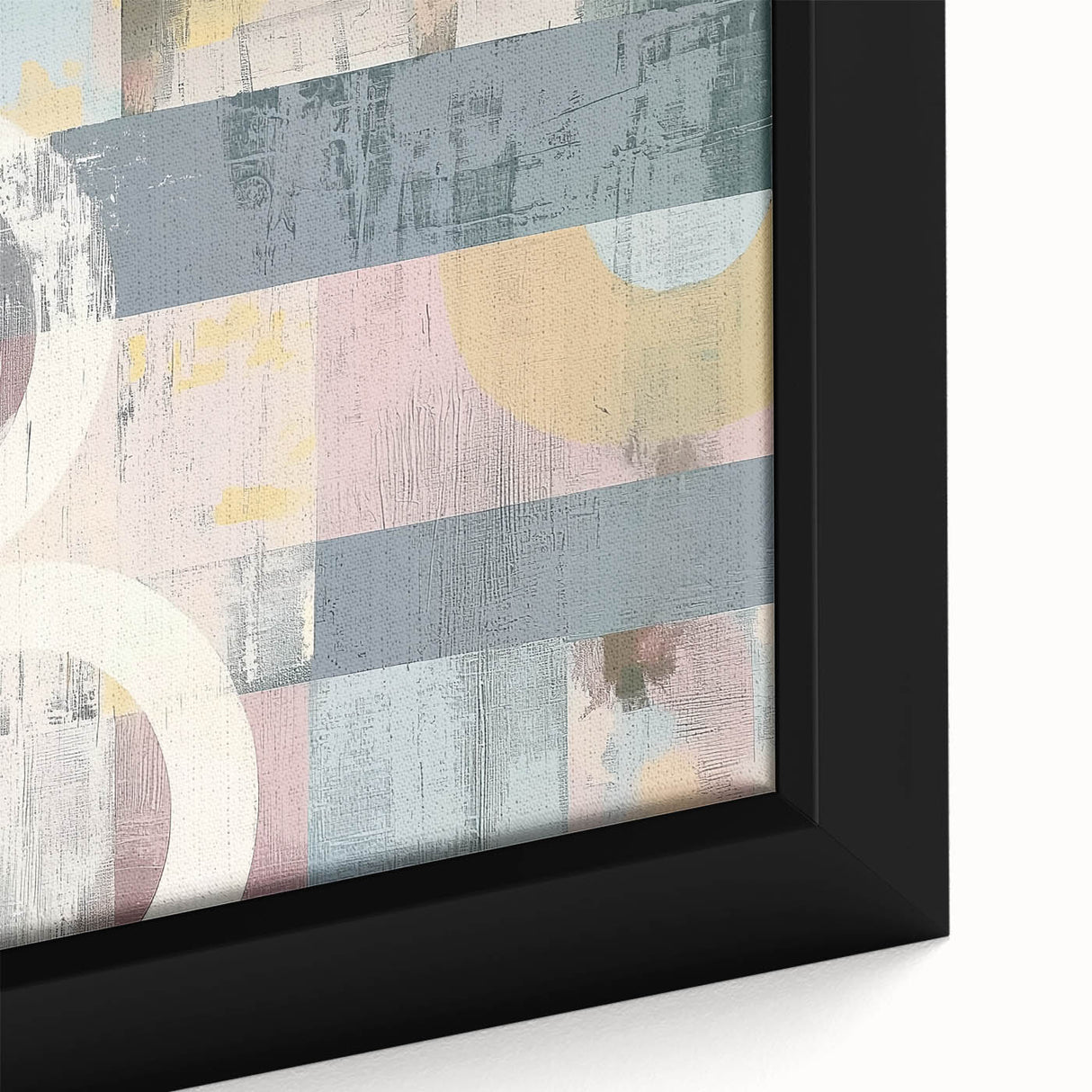 Close-up view of framed abstract strokes canvas art, showcasing vibrant colors and dynamic patterns, ideal for modern home décor or artistic spaces.