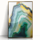 Framed acrylic art piece showcasing abstract gold strokes on a sleek black background, perfect for modern home decor and enhancing artistic ambiance.