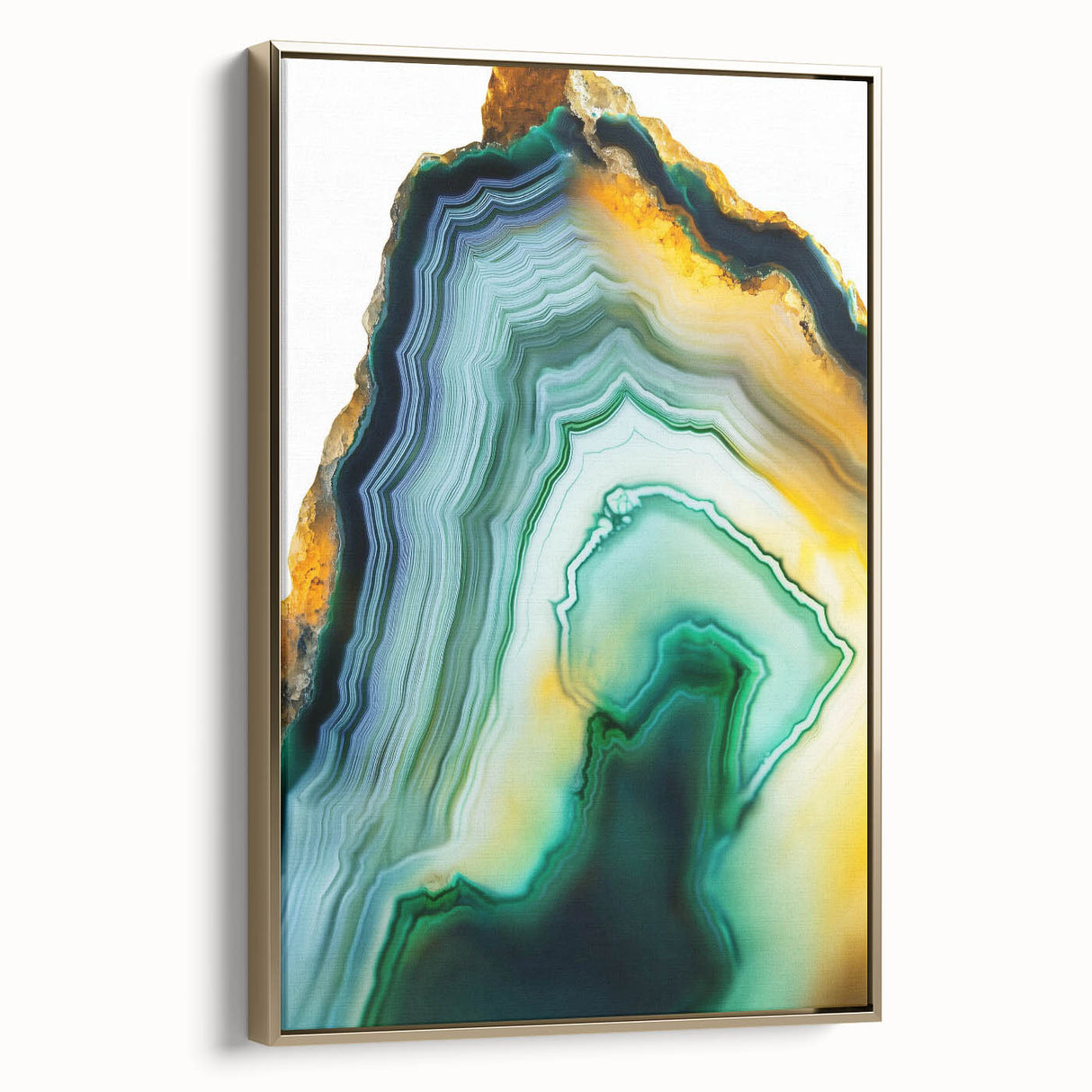 Framed canvas artwork showcasing abstract strokes in gold and neutral tones, presented in a side view to highlight its elegant design and textured surface, perfect for modern decor.