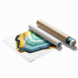Abstract wall art print featuring vibrant strokes in shades of blue, orange, and yellow, elegantly rolled and packaged in a protective cardboard tube for easy display. Ideal for modern home decor.