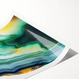 Abstract strokes in vibrant hues of blue, orange, and green create a modern art piece on rolled canvas, perfect for contemporary home decor. The artwork showcases dynamic brushwork with a textured finish, ideal for adding a pop of color to any space.