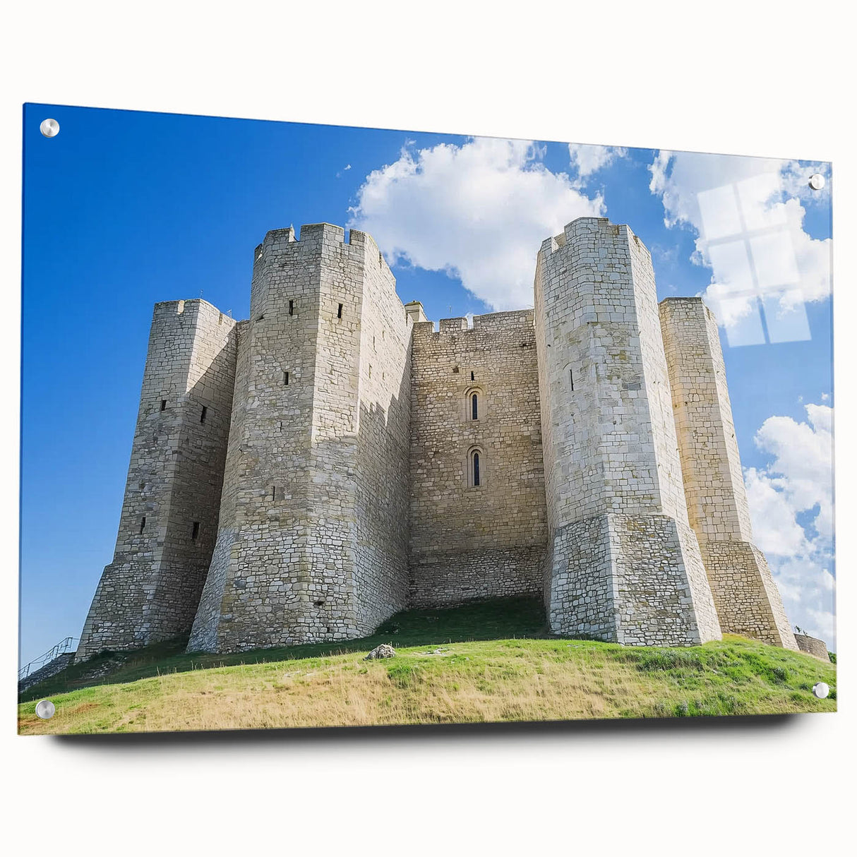 Acrylic landscape wall art showcasing a majestic castle view, mounted on glass with decorative pins, perfect for adding elegance to any space.