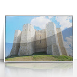 Framed acrylic artwork showcasing a picturesque landscape with a majestic castle, featuring a white frame that enhances its elegance and charm. Ideal for home decor enthusiasts seeking to elevate their interior design.