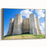 Framed canvas artwork showcasing a picturesque landscape with a castle, featuring a rich gold frame and a side view perspective, ideal for home decor.