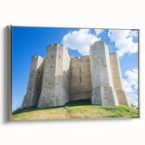 Framed canvas artwork showcasing a picturesque landscape with a castle, featuring a silver frame and a side view display, perfect for home decor enhancement.