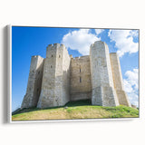 Framed canvas artwork showcasing a picturesque landscape with a majestic castle, set against a serene backdrop. The piece features vibrant colors, intricate details, and a white frame, enhancing its elegant presentation for home decor.