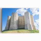 Stretched canvas artwork showcasing a vibrant landscape with a majestic castle surrounded by lush greenery and a clear blue sky, ideal for home decor.