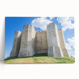 Stretched canvas artwork depicting a scenic landscape with a majestic castle surrounded by lush greenery and a clear blue sky, ideal for home decor.