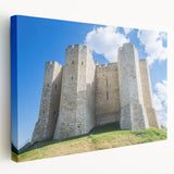 Stretched canvas artwork depicting a serene landscape featuring an elegant castle surrounded by lush greenery and a clear blue sky, perfect for enhancing any space. This visually captivating piece showcases intricate details and vibrant colors, ideal for home decor enthusiasts.