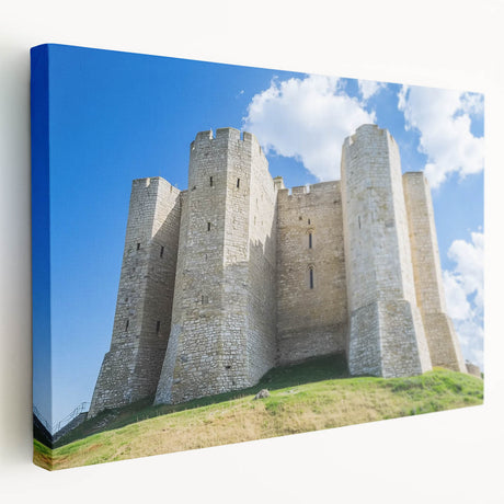 Stretched canvas artwork depicting a serene landscape featuring an elegant castle surrounded by lush greenery and a clear blue sky, perfect for enhancing any space. This visually captivating piece showcases intricate details and vibrant colors, ideal for home decor enthusiasts.