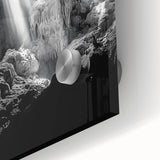 Close-up of a vibrant acrylic landscape artwork depicting intricate cave formations in rich colors, showcasing the play of light on textured surfaces. Ideal for home decor.
