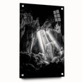 Acrylic landscape artwork depicting a cave scene, showcasing vibrant colors and intricate details, displayed in a side view with decorative pins. Perfect for enhancing home decor.