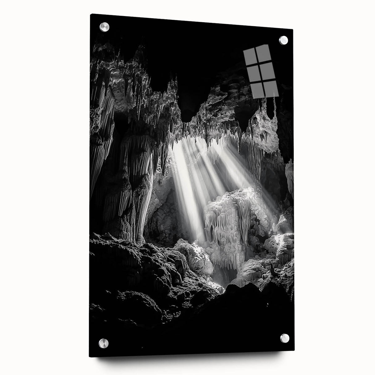 Acrylic landscape artwork depicting a cave scene, showcasing vibrant colors and intricate details, displayed in a side view with decorative pins. Perfect for enhancing home decor.