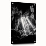 Acrylic landscape artwork depicting a cave scene, showcasing vibrant colors and intricate details, displayed in a side view with decorative pins. Perfect for enhancing home decor.