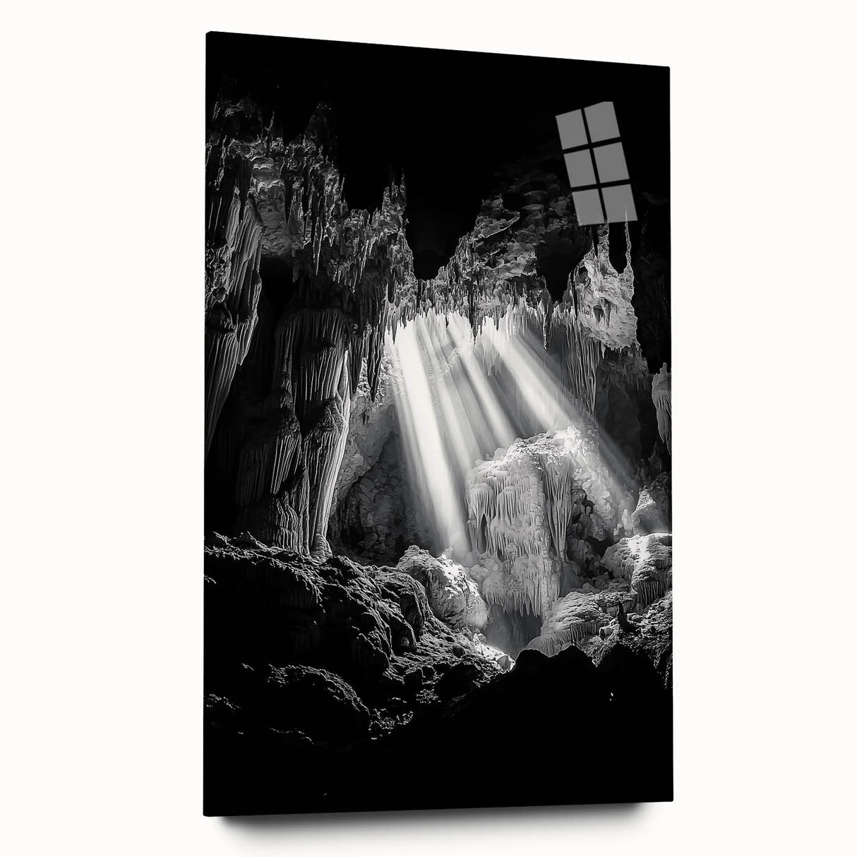 Acrylic artwork depicting a vibrant cave landscape scene, showcasing rich colors and intricate details, displayed in a sleek glass frame from a side view. Ideal for modern decor.