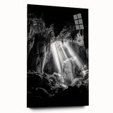 Acrylic artwork depicting a vibrant cave landscape scene, showcasing rich colors and intricate details, displayed in a sleek glass frame from a side view. Ideal for modern decor.