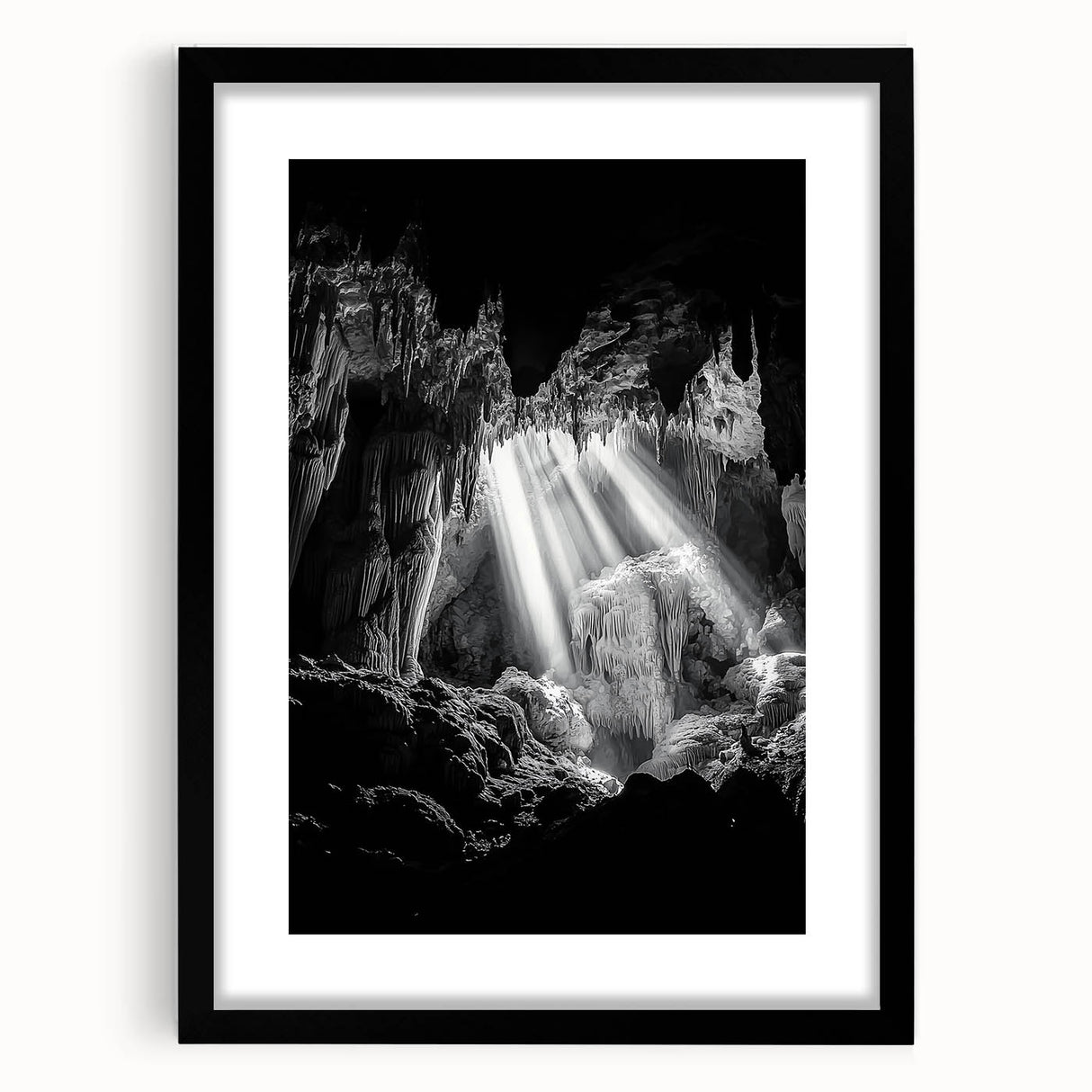 Framed landscape artwork depicting a serene cave scene, featuring a black mat and an elegant frame. Ideal for enhancing home decor with natural beauty.