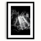 Framed landscape artwork depicting a serene cave scene, featuring a black mat and an elegant frame. Ideal for enhancing home decor with natural beauty.