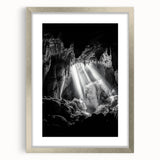 Framed landscape artwork featuring a serene cave scene with a silver mat and frame, ideal for modern home decor, enhancing any living space aesthetic.