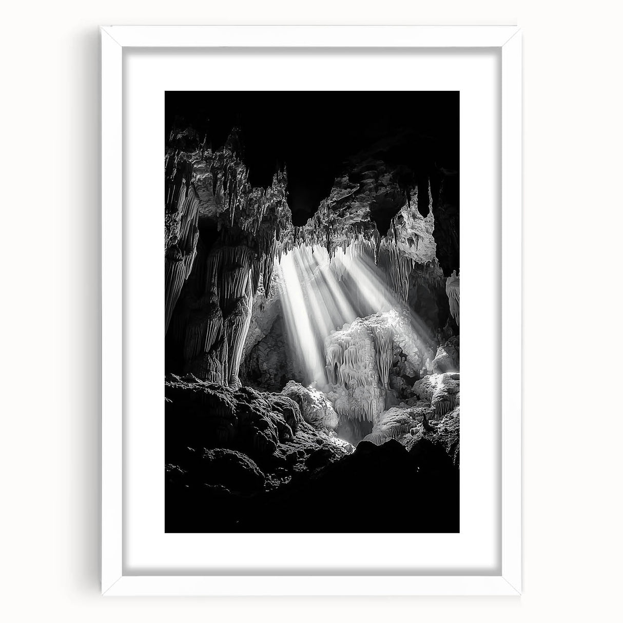 Framed landscape print showcasing a cave scene with intricate details and a white mat, perfect for home decor or office settings. The artwork captures serene natural beauty, enhancing any interior space.