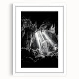 Framed landscape print showcasing a cave scene with intricate details and a white mat, perfect for home decor or office settings. The artwork captures serene natural beauty, enhancing any interior space.