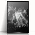 Framed acrylic artwork depicting a stunning cave landscape, featuring vibrant colors and intricate details, presented in a sleek black frame ideal for modern decor.