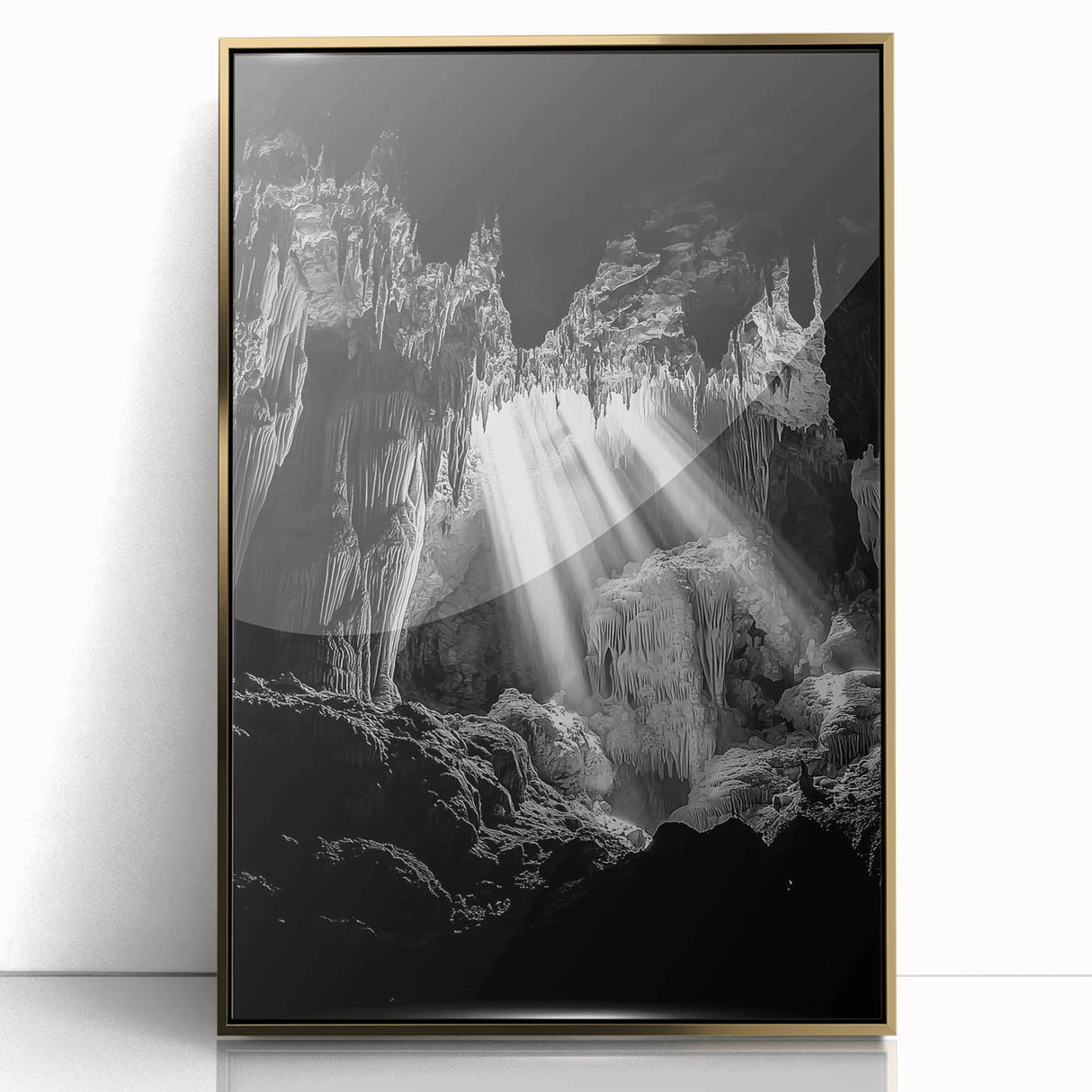 Framed acrylic wall art showcasing a stunning landscape of caves with gold accents, ideal for modern home decor. Perfect for adding elegance to any living space.