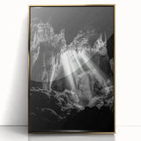 Framed acrylic wall art showcasing a stunning landscape of caves with gold accents, ideal for modern home decor. Perfect for adding elegance to any living space.