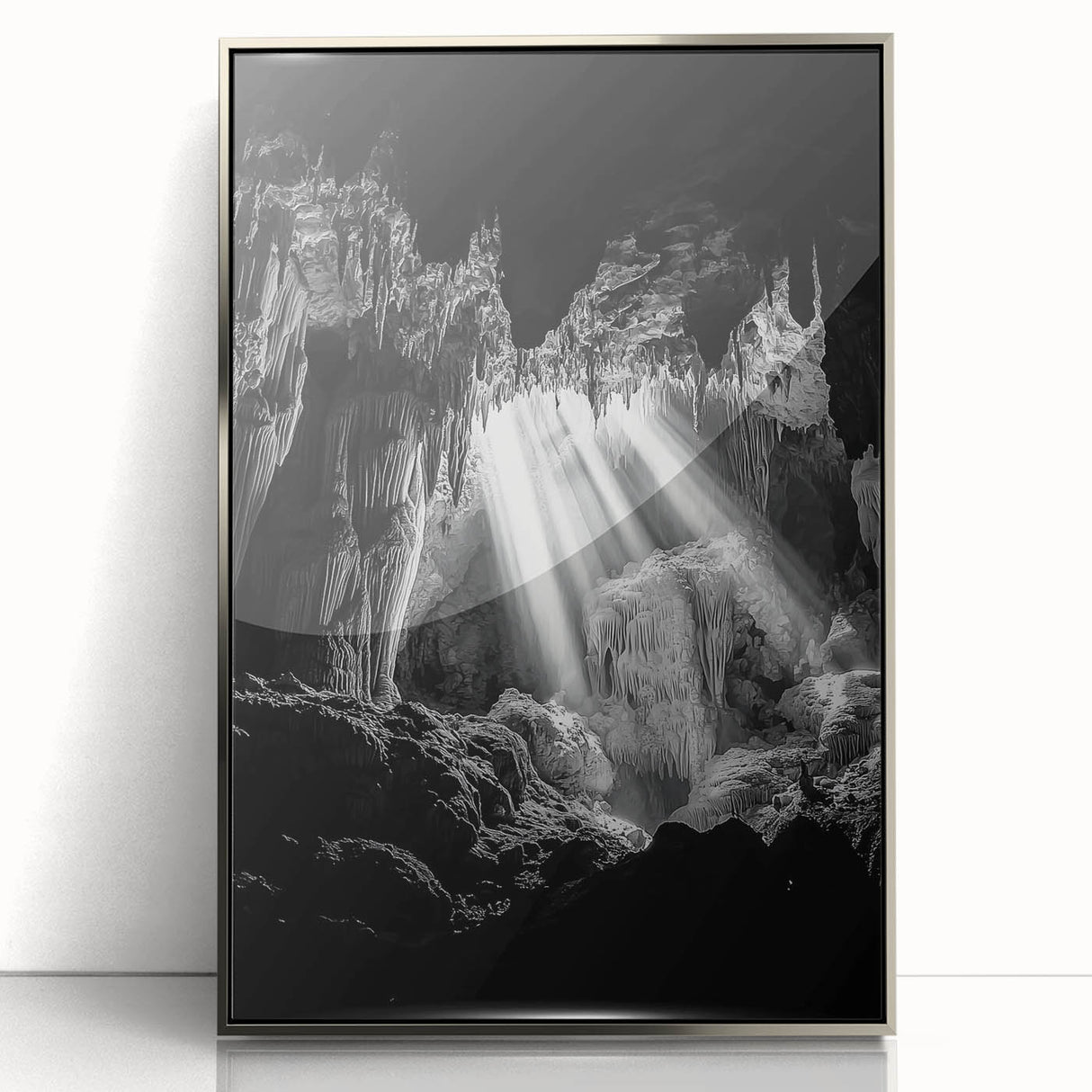 Framed acrylic artwork showcasing a stunning landscape of caves, featuring vibrant colors and intricate details, ideal for modern home decor or office settings.