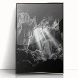 Framed acrylic artwork showcasing a stunning landscape of caves, featuring vibrant colors and intricate details, ideal for modern home decor or office settings.