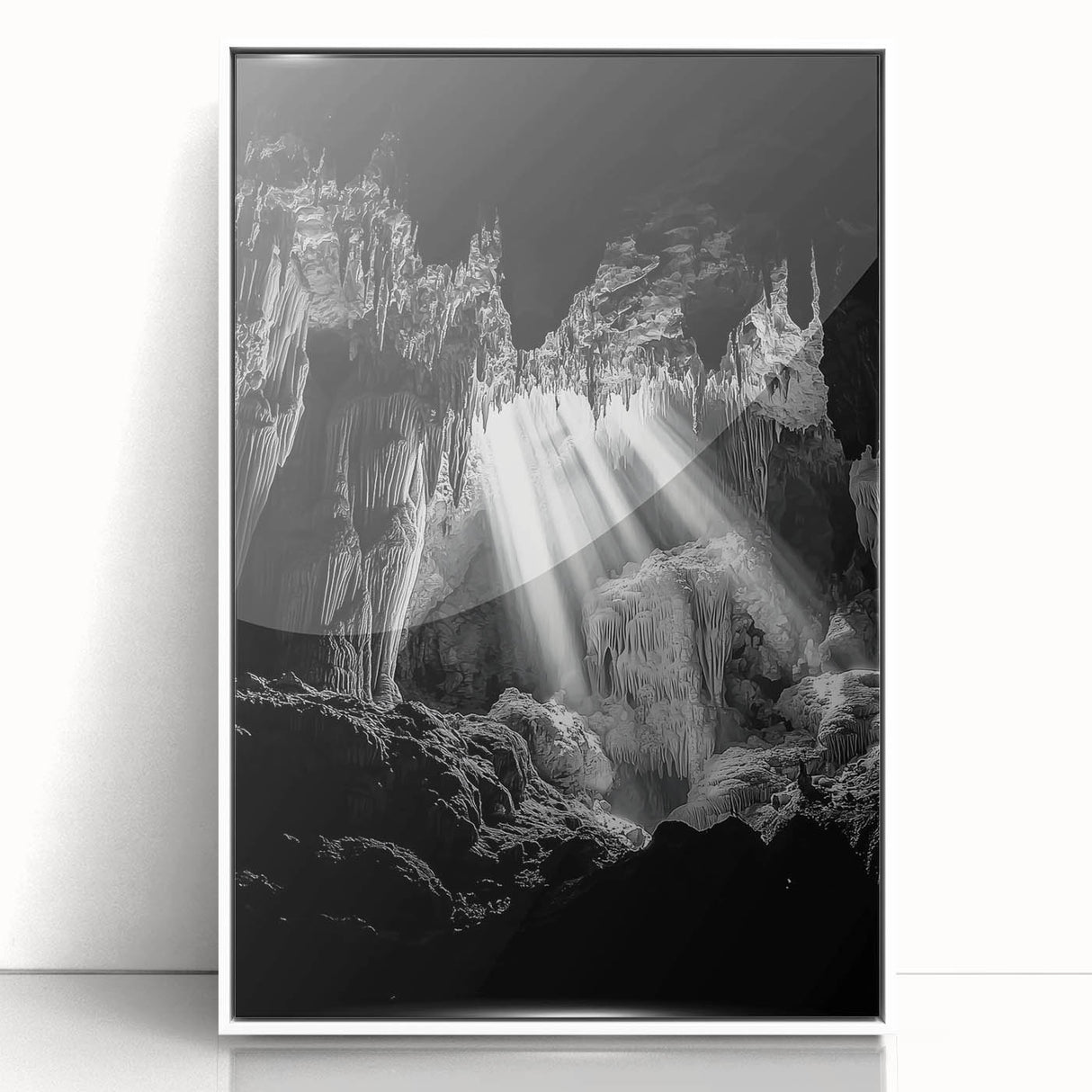 Framed acrylic artwork depicting a stunning landscape with intricate cave formations, showcased in a sleek white frame, perfect for modern home decor.