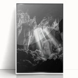 Framed acrylic artwork depicting a stunning landscape with intricate cave formations, showcased in a sleek white frame, perfect for modern home decor.