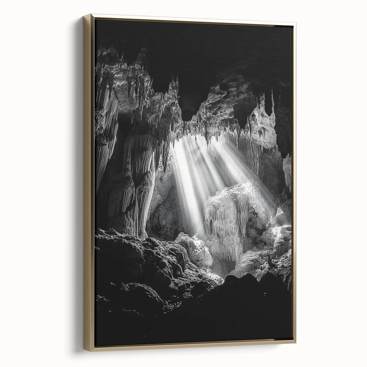 Framed canvas artwork depicting a stunning landscape with caves, showcasing rich golden tones and intricate details, perfect for home decor enhancement.