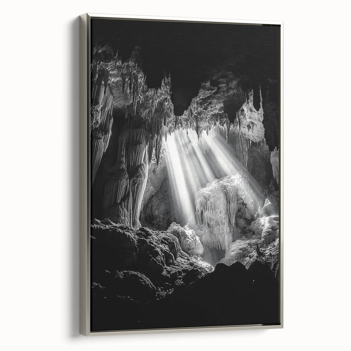 Framed canvas artwork showcasing a stunning cave landscape with intricate details and rich colors, featuring a sleek silver frame that enhances its elegance. Perfect for modern home decor.