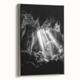 Framed canvas artwork showcasing a stunning cave landscape with intricate details and rich colors, featuring a sleek silver frame that enhances its elegance. Perfect for modern home decor.