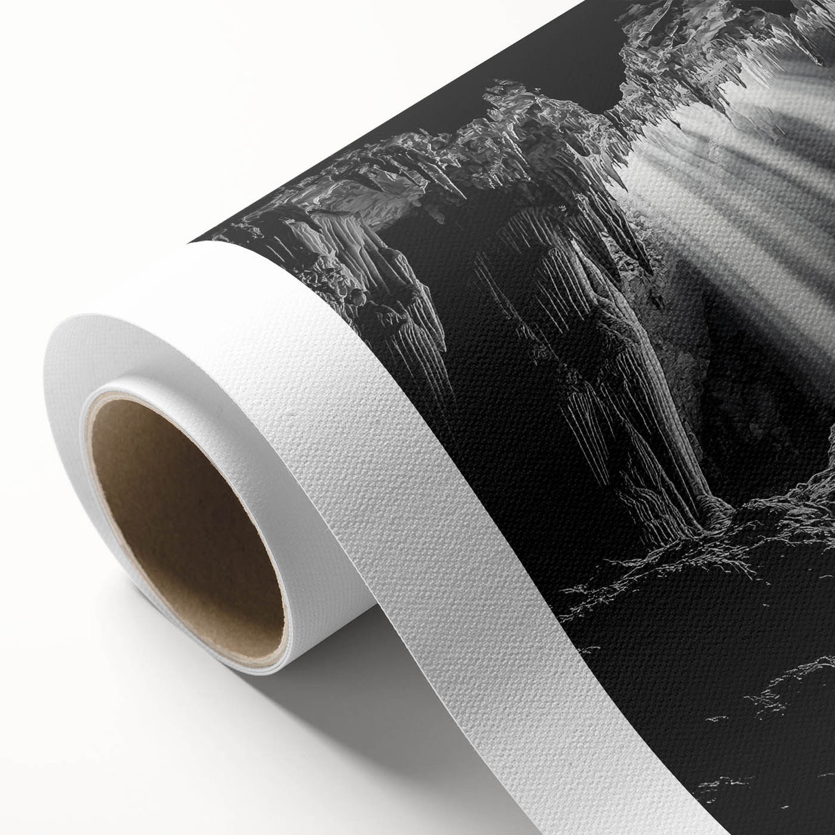 Rolled canvas artwork showcasing a stunning landscape scene with vibrant colors, featuring intricate cave formations, ideal for home decor enthusiasts.