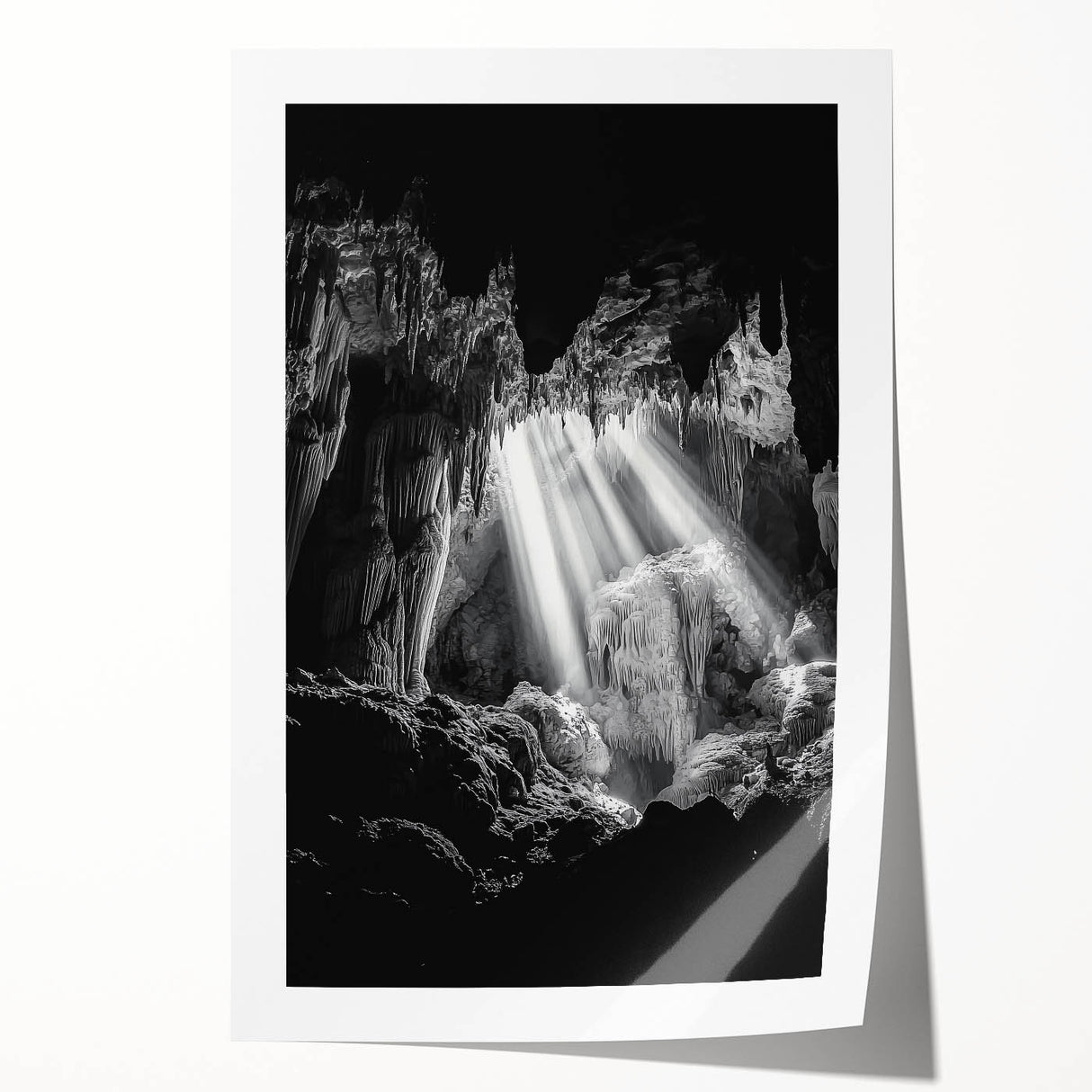 Rolled print showcasing a breathtaking landscape of vibrant caves, featuring rich earthy tones and intricate textures, packaged securely in a protective tube for delivery.