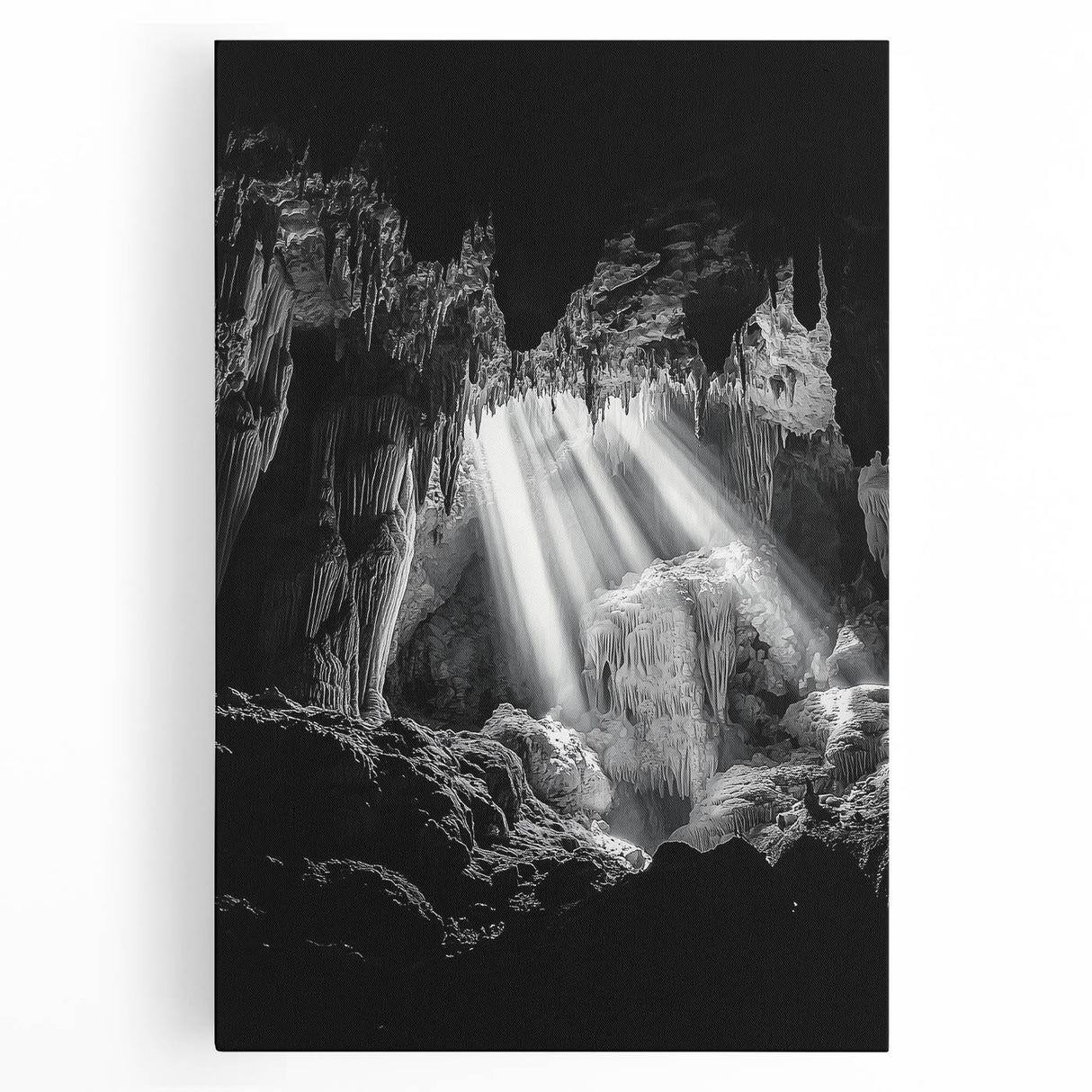 Stretched canvas artwork depicting a vibrant landscape scene with caves, showcasing intricate details and rich colors, perfect for home decor enthusiasts.