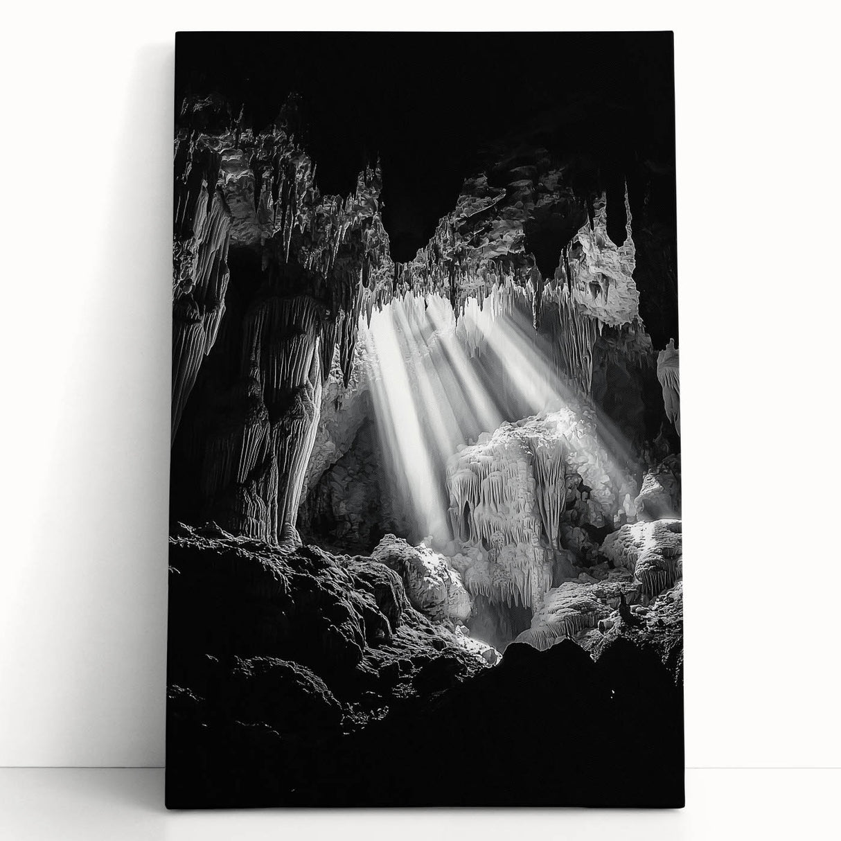 Stretched canvas artwork depicting a serene landscape with caves, featuring earthy tones and dramatic cliffs, perfect for enhancing home decor aesthetics.
