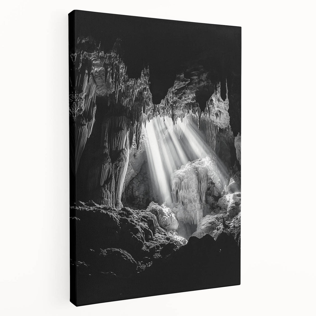 Stretched canvas artwork depicting a serene landscape with caves, showcasing earthy tones and intricate details, ideal for home decor enthusiasts.