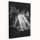 Stretched canvas artwork depicting a serene landscape with caves, showcasing earthy tones and intricate details, ideal for home decor enthusiasts.